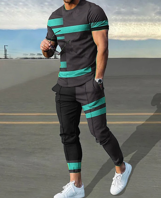 Casual Colorblock Print Short Sleeve T-Shirt & Pants 2Pcs Set