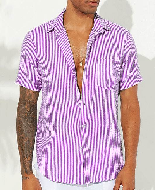 Casual Vertical Stripe Lapel Collar Short Sleeve Button Shirt